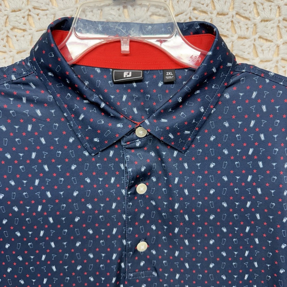 Footjoy Cocktail Print Golf Polo Shirt Mens 2XL Navy Blue Drinks Ice Print